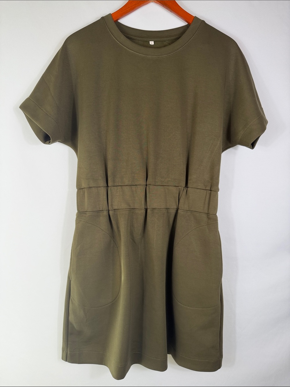 Olive Green Short Sleeve Gathered Waist Mini Dress. Pockets. Women’s Size M